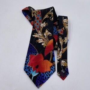 Vintage Johnny‎ Carson Tie Mens Black Multicolor Abstract Floral Made USA 90s